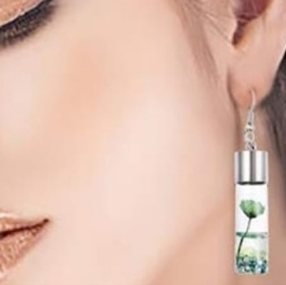 Green Wish Flowers Glass Bottle Dangle Earrings - Picture 9 of 12